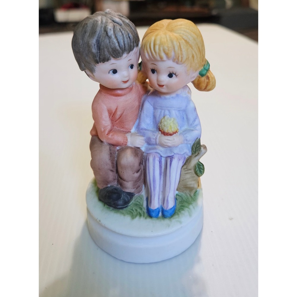 Vintage Bisque Porcelain Boy and Girl on Log Figurine Made in Taiwan 1980s